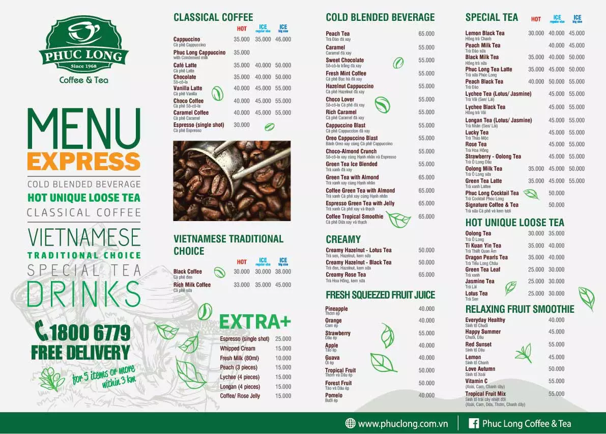menu phúc long kèm giá